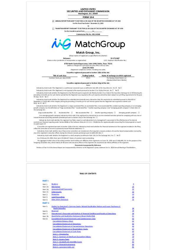 Match Group Inc 2025年度报告