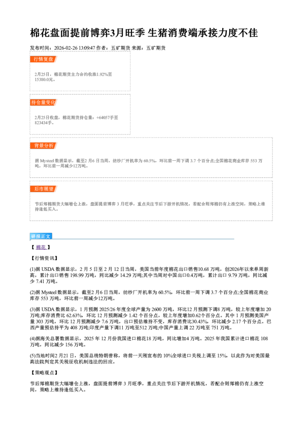 棉花盘面提前博弈3月旺季 生猪消费端承接力度不佳