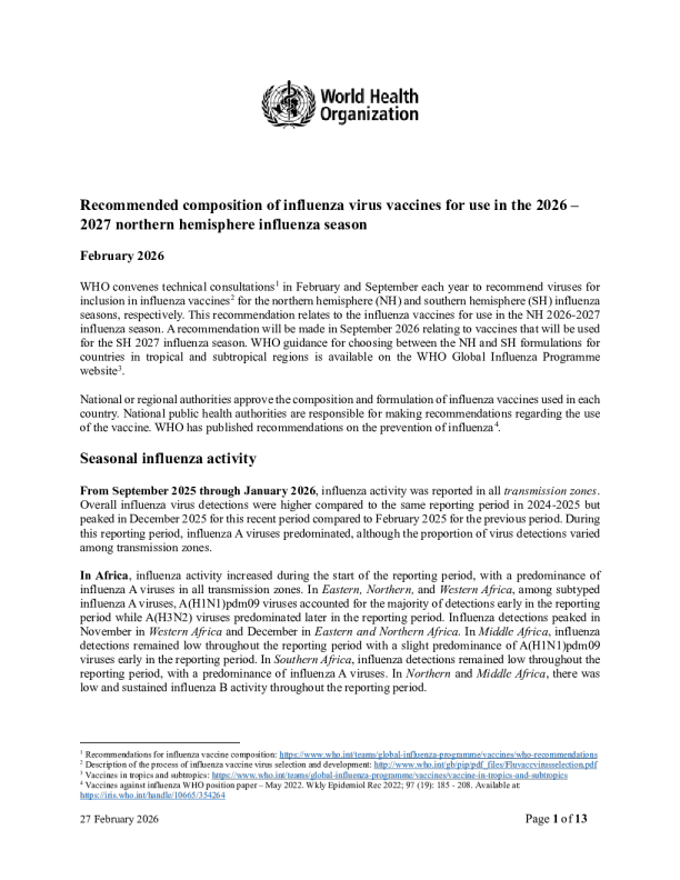 2026-2027年北半球流感季节使用的流感病毒疫苗的推荐成分