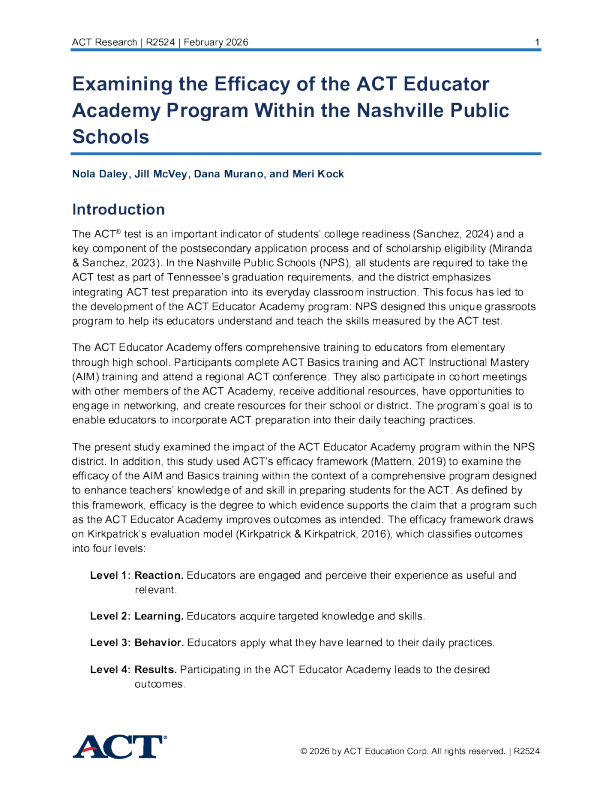 检查纳什维尔公立学校内ACT教育者学院项目的有效性
