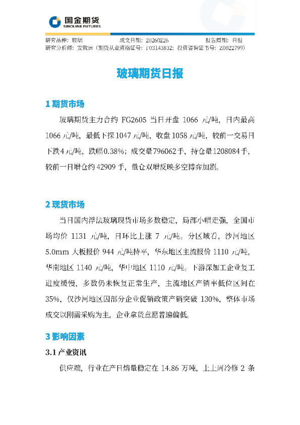 玻璃期货日报