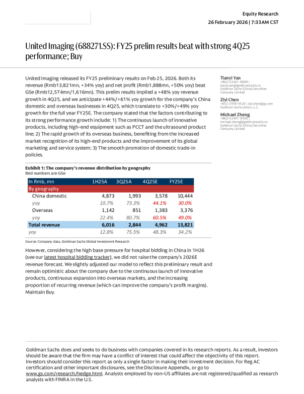 Lianying Medical (688271.SS): preliminary results for the fiscal year 2025 exceed expectations,强劲表现 in the fourth quarter of 2025; maintain buy.