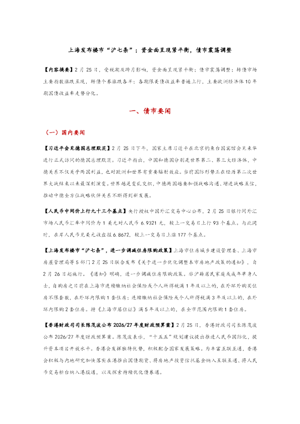 上海发布楼市“沪七条”;资金面呈现紧平衡,债市震荡调整