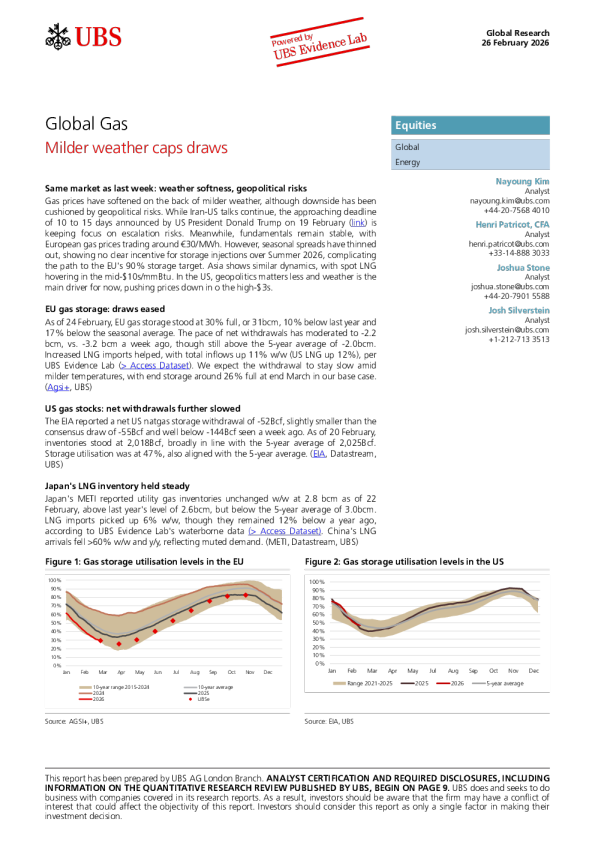 全球天然气：温和天气限制库存提取