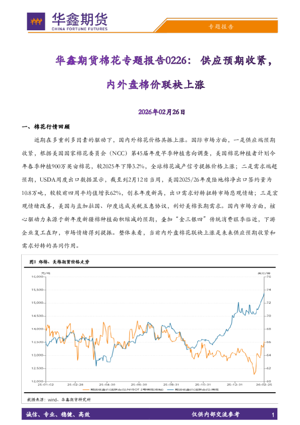 棉花专题报告：供应预期收紧，内外盘棉价联袂上涨