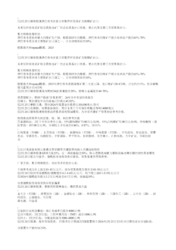 ①2月25日媒体报道津巴布韦官宣立即暂停所有原矿及锂精矿出口