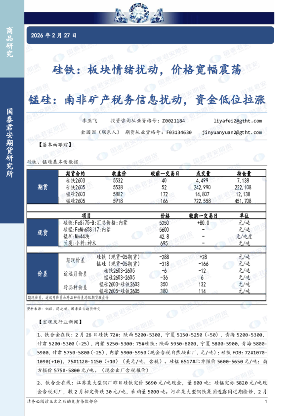 硅铁：板块情绪扰动，价格宽幅震荡 锰硅：南非矿产税务信息扰动，资金低位拉涨