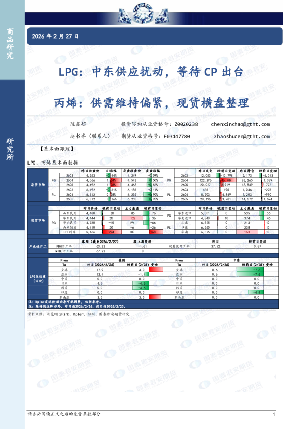 LPG:中东供应扰动,等待CP出台 丙烯:供需维持偏紧,现货横盘整理