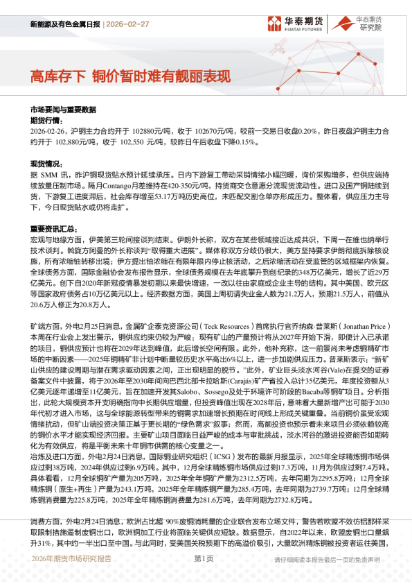 新能源及有色金属日报:高库存下 铜价暂时难有靓丽表现