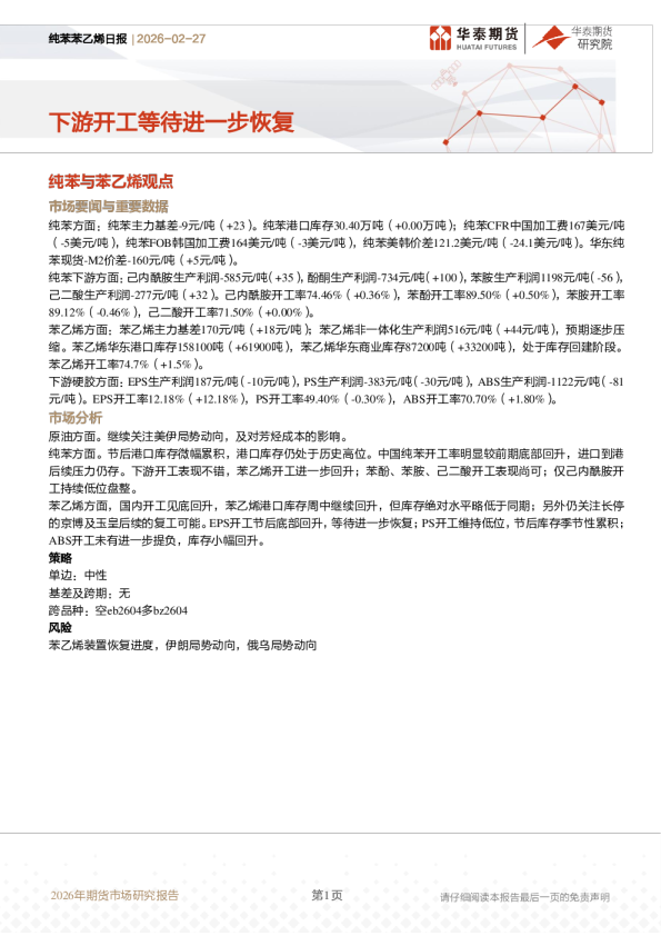 纯苯苯乙烯日报:下游开工等待进一步恢复