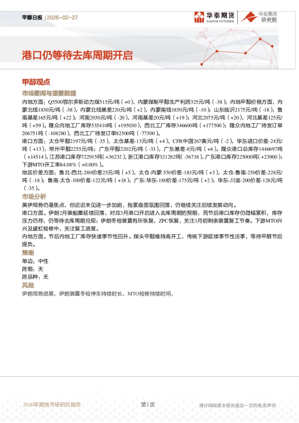 甲醇日报：港口仍等待去库周期开启