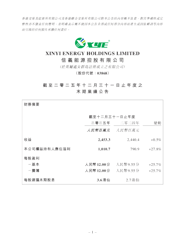 信义能源：截至二零二五年十二月三十一日止年度之末期业绩公告