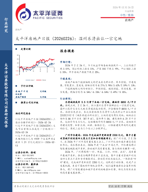 太平洋房地产日报：温州乐清出让一宗宅地