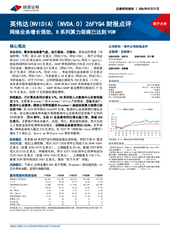 英伟达（NVDA.O）26FYQ4 财报点评：网络业务增长强劲，B系列算力规模已达到9GW