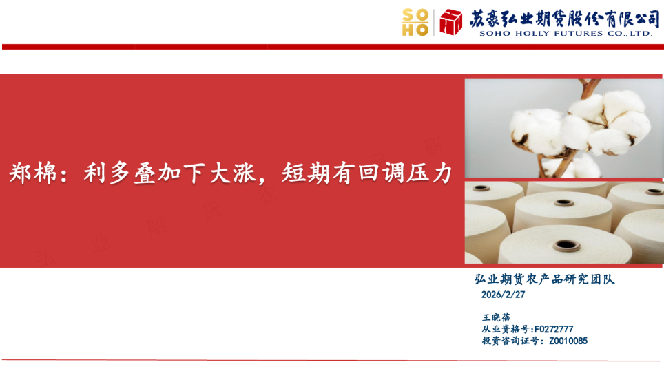 郑棉：利多叠加下大涨，短期有回调压力