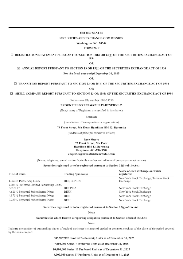 Brookfield Renewable Partners LP 2026年年度报告和过渡报告