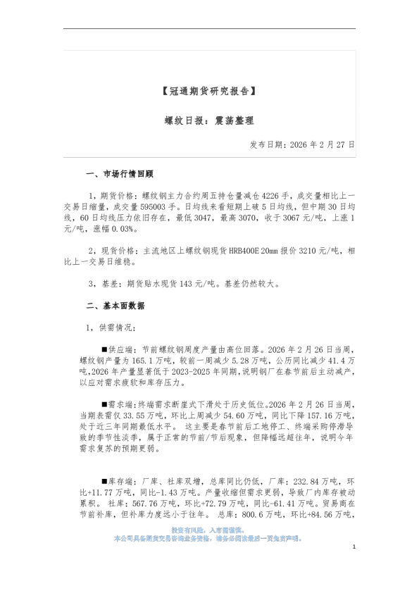 螺纹日报：震荡整理