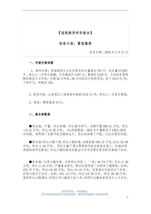 热卷日报：震荡整理