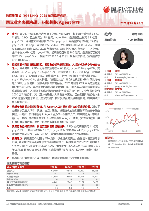 携程集团-S（9961.HK）2025 年四季报点评