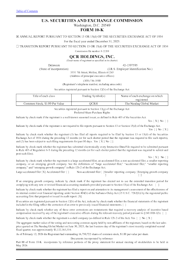 QCR Holdings Inc 2025年度报告