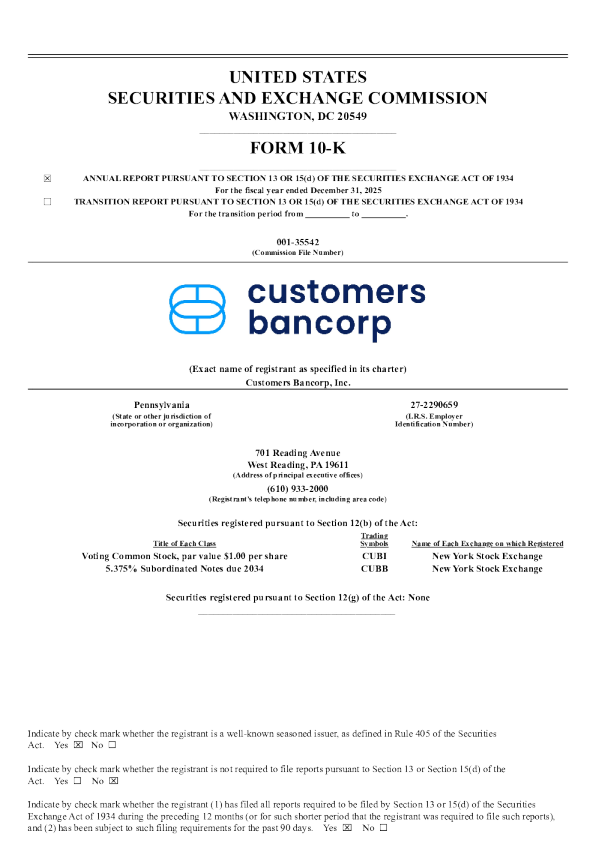Customers Bancorp Inc 2025年度报告