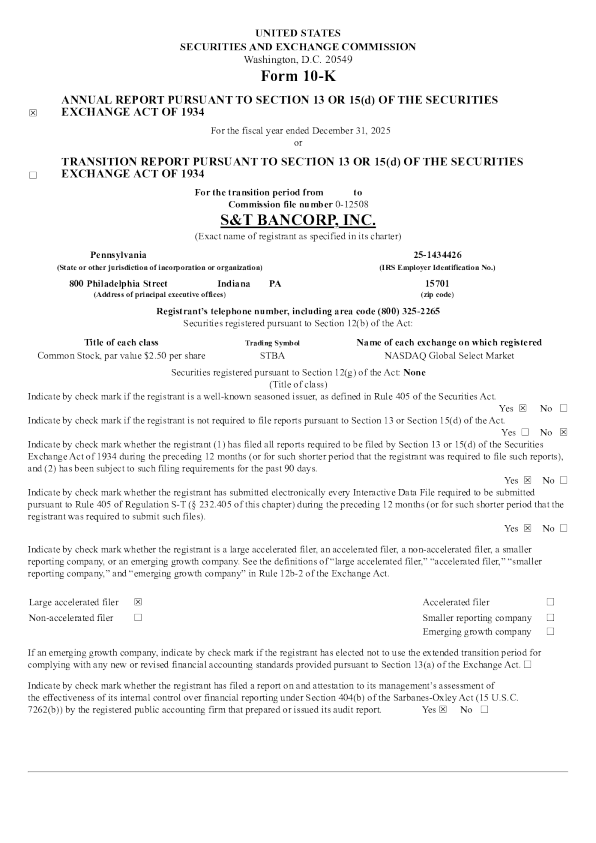 S&T Bancorp Inc 2025年度报告