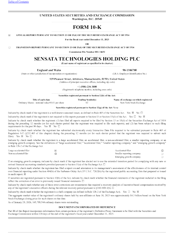 Sensata科技控股 2025年度报告