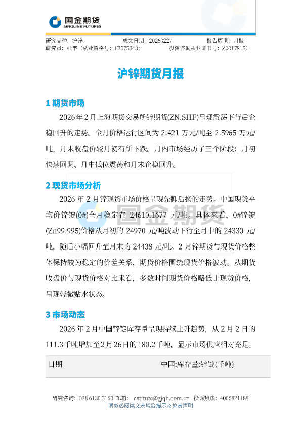 沪锌期货月报