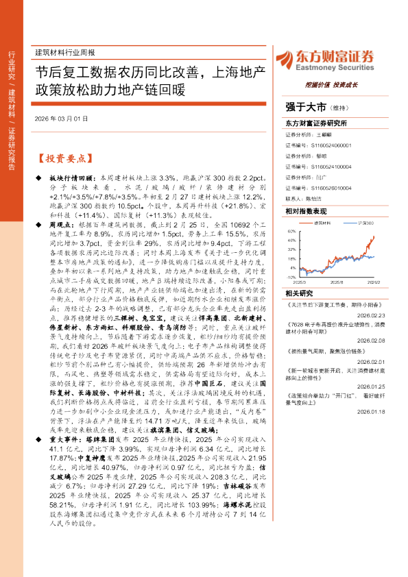 建筑材料行业周报：节后复工数据农历同比改善，上海地产政策放松助力地产链回暖