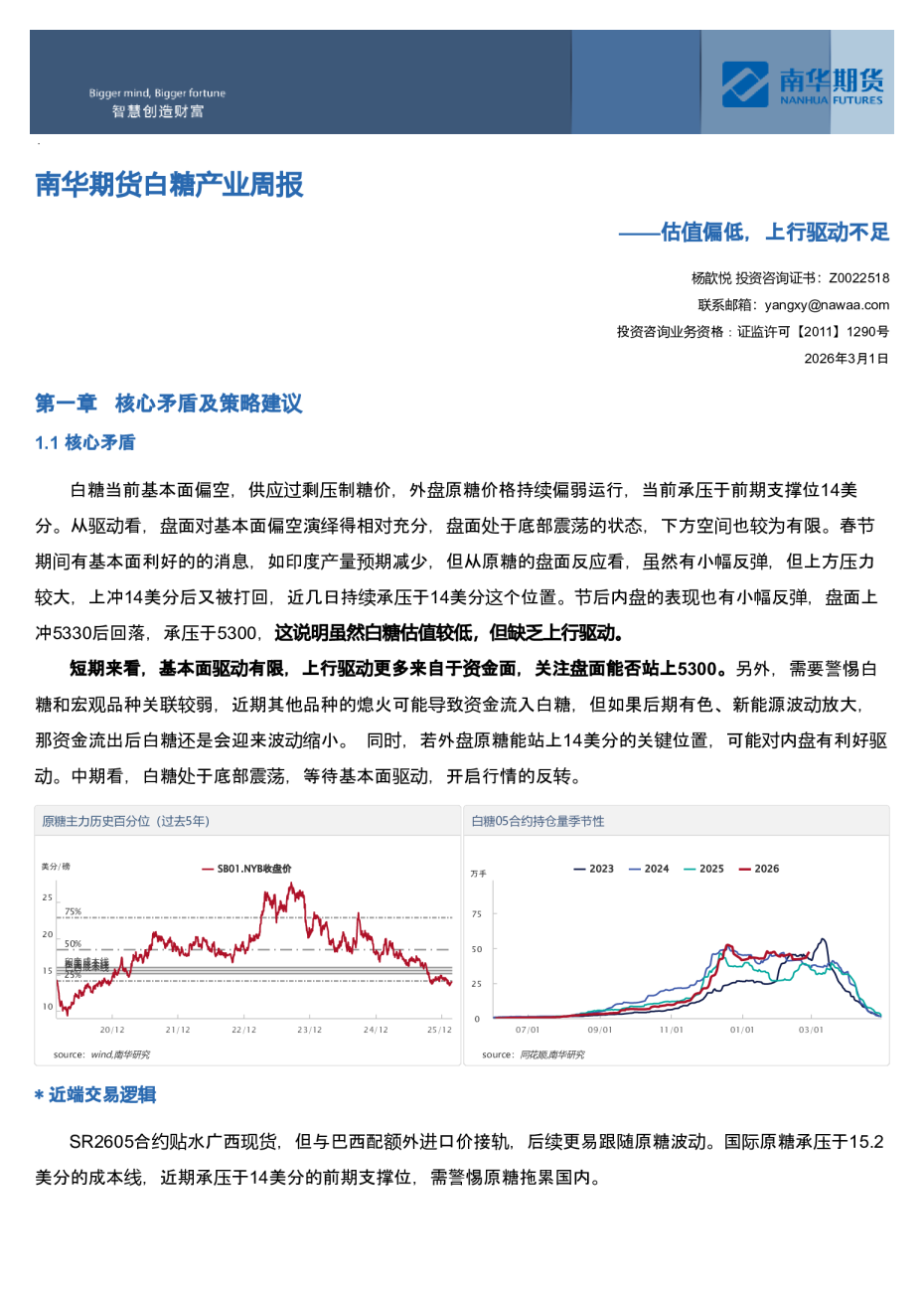 南华期货白糖产业周报：估值偏低，上行驱动不足