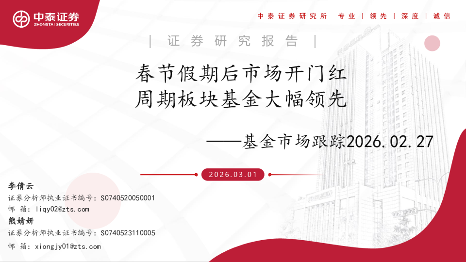 基金市场跟踪：春节假期后市场开门红周期板块基金大幅领先