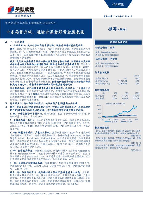 有色金属行业周报（20260223-20260227）：中东局势升级，避险升温看好贵金属表现