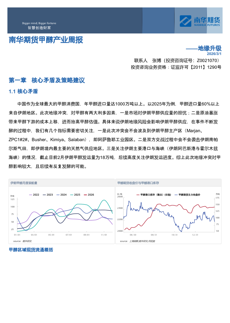 南华期货甲醇产业周报:地缘升级