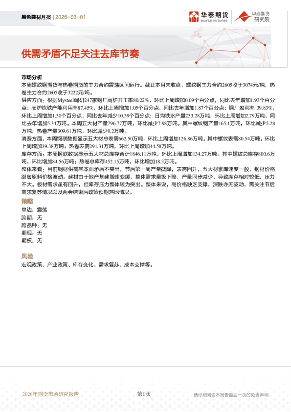 黑色建材月报:供需矛盾不足关注去库节奏