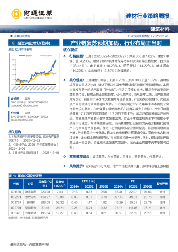 行业投资策略周报：产业链复苏预期加码，行业布局正当时