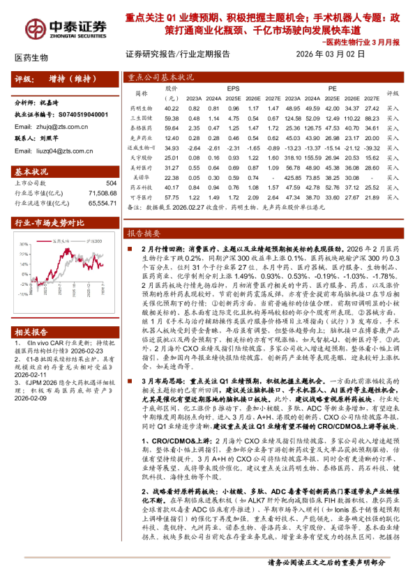 重点关注Q1业绩预期、积极把握主题机会，手术机器人专题：政策打通商业化瓶颈、千亿市场驶向发展快车道