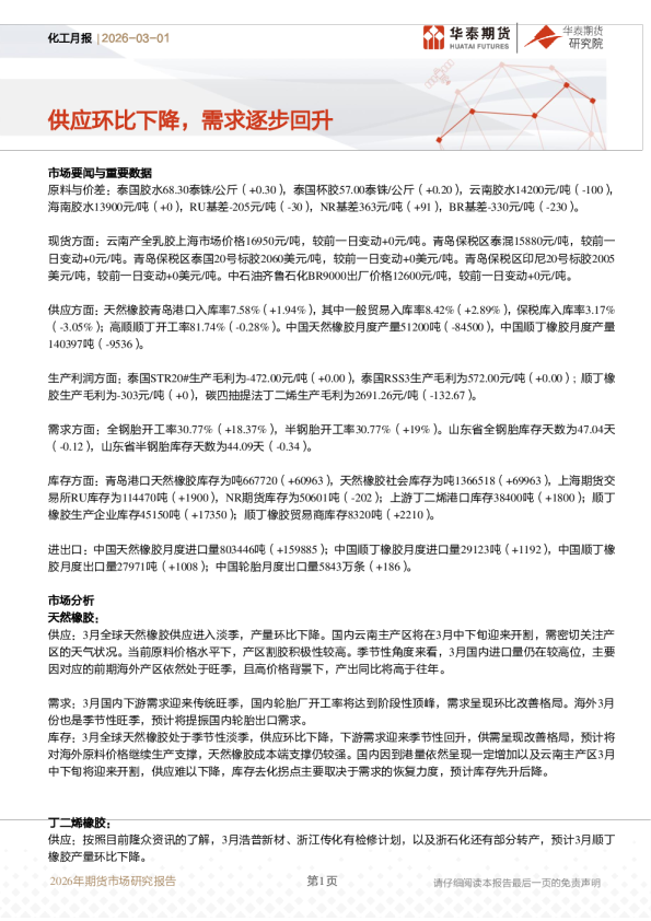 化工月报：供应环比下降，需求逐步回升