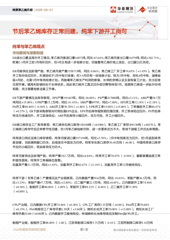 节后苯乙烯库存正常回建，纯苯下游开工尚可
