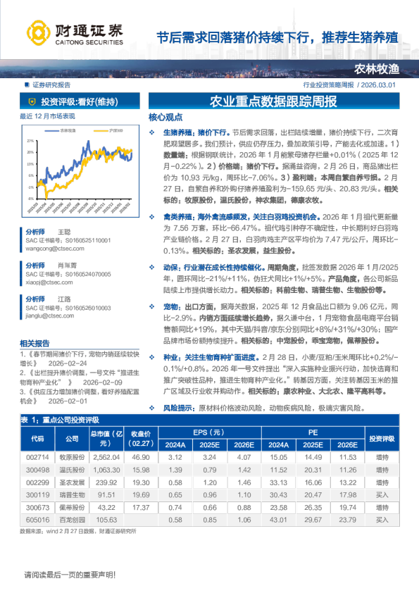节后需求回落猪价持续下行,推荐生猪养殖