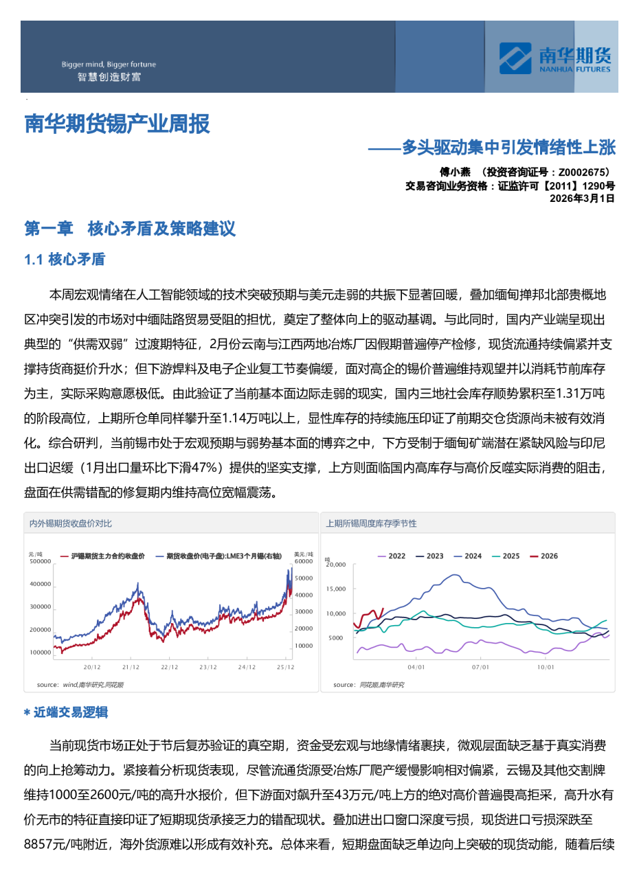 锡产业周报:多头驱动集中引发情绪性上涨