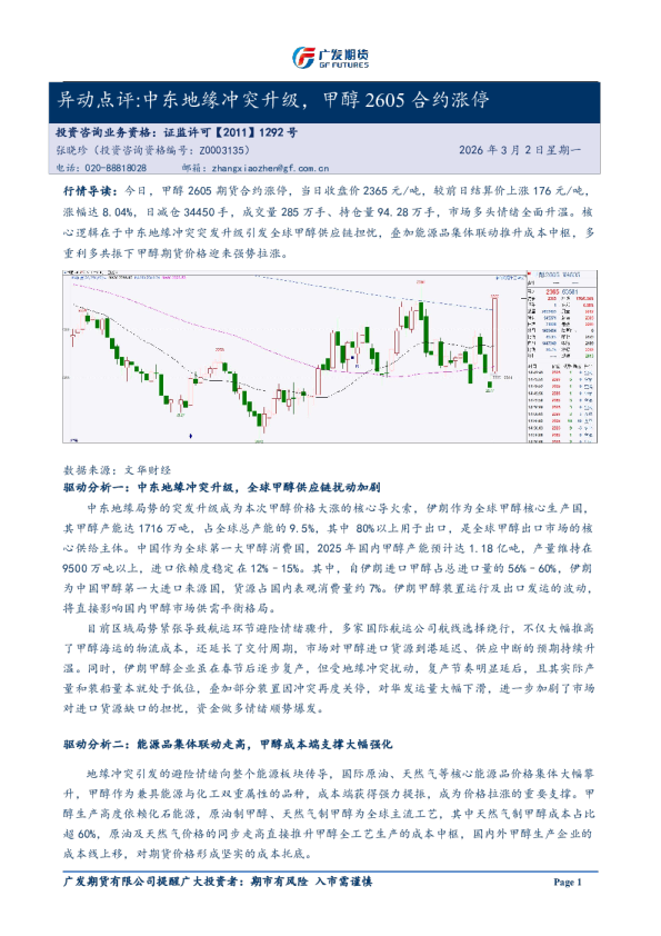 异动点评：中东地缘冲突升级，甲醇2605合约涨停