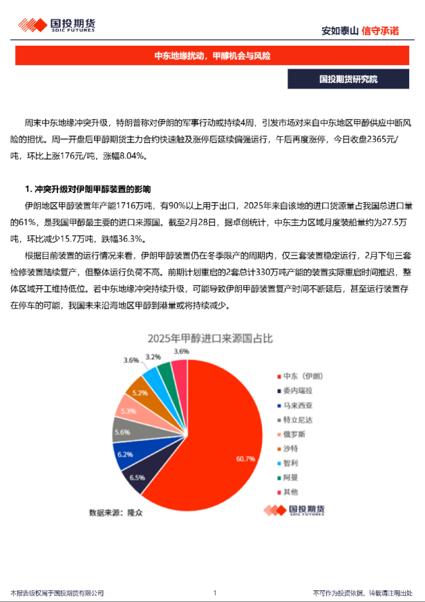 中东地缘扰动，甲醇机会与风险