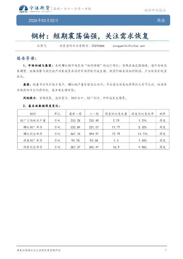 钢材：短期震荡偏强，关注需求恢复