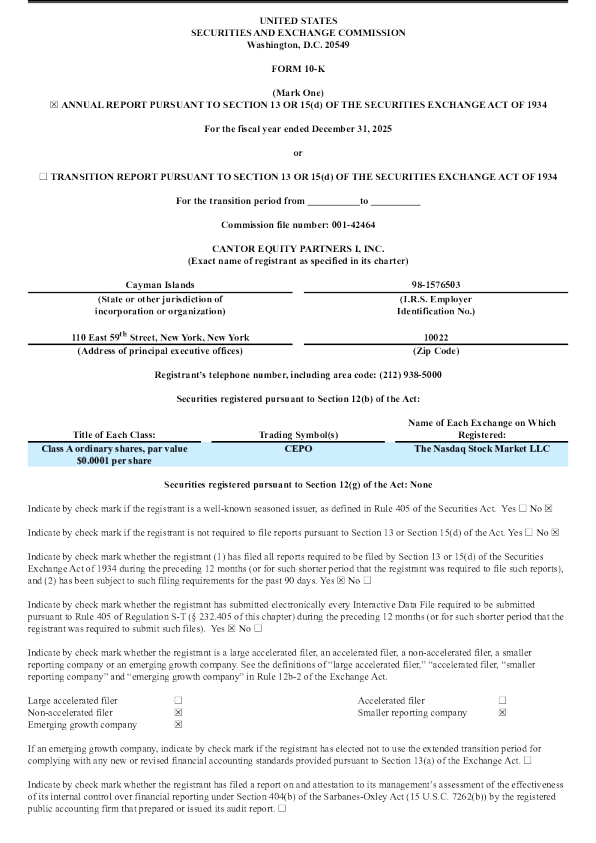 Cantor Equity Partners I Inc-A 2025年度报告