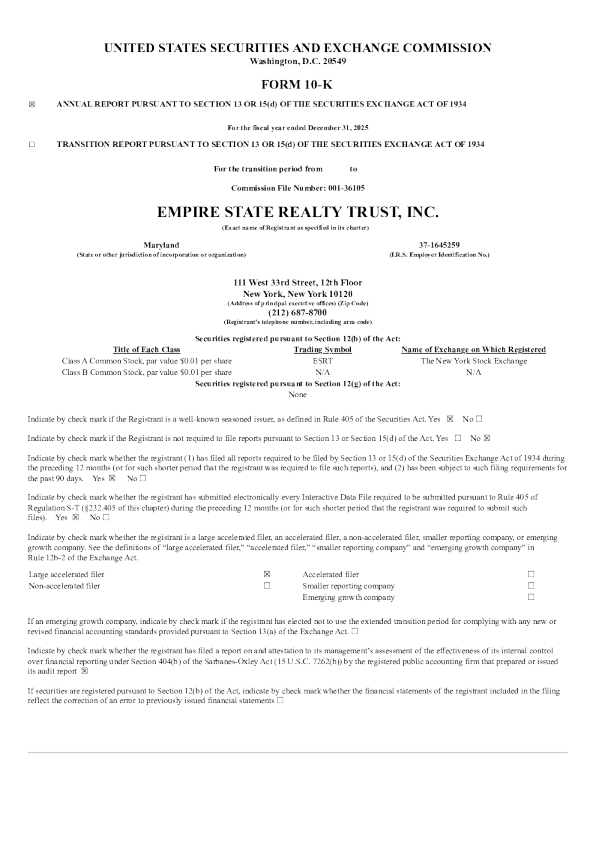Empire State Realty Trust Inc-A 2025年度报告
