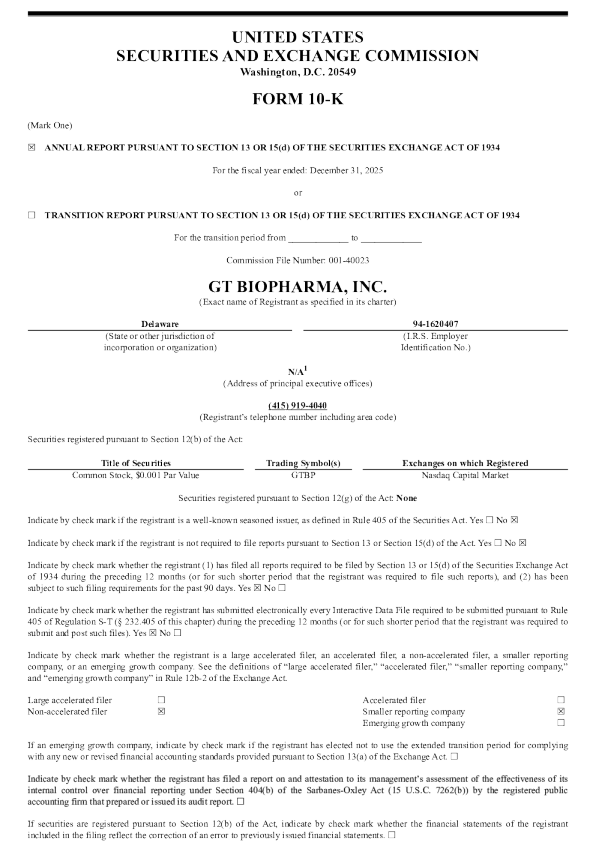 GT Biopharma Inc 2025年度报告