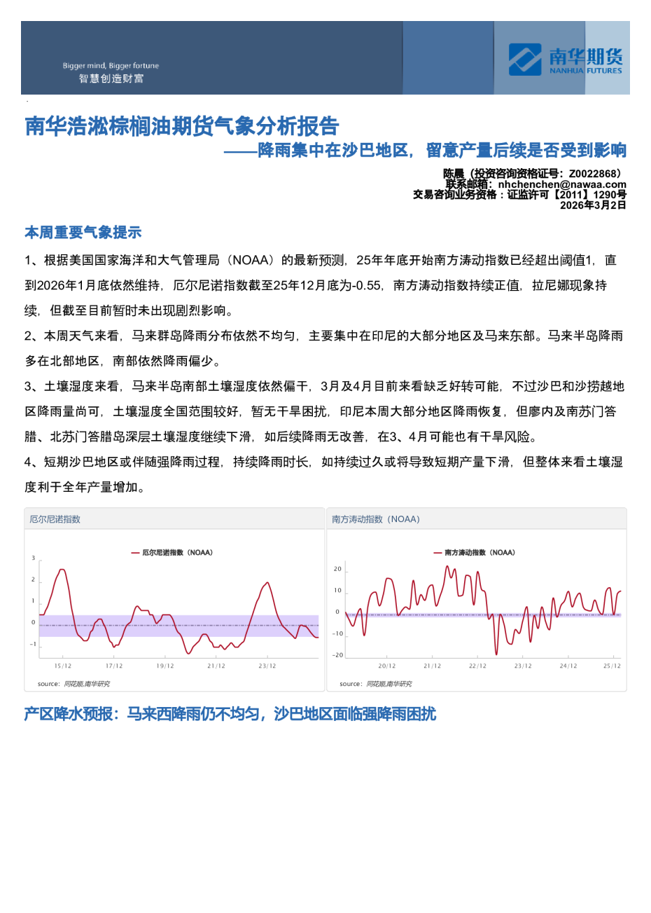 南华浩淞棕榈油期货气象分析报告：降雨集中在沙巴地区，留意产量后续是否受到影响