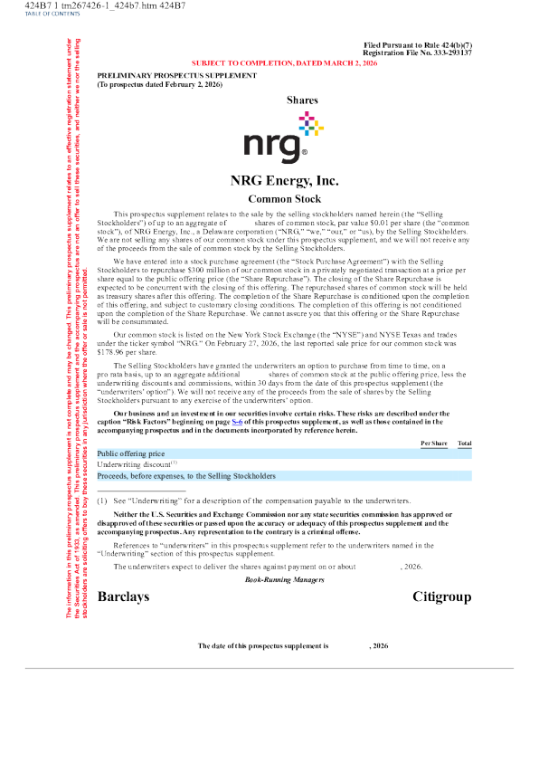 NRG Energy Inc美股招股说明书(2026-03-02版)