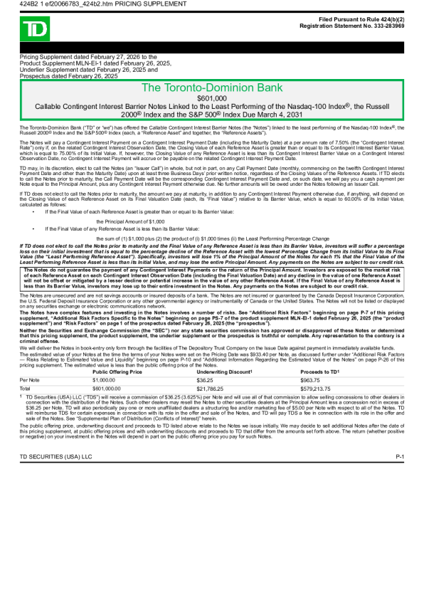 道明银行美股招股说明书(2026-03-02版)