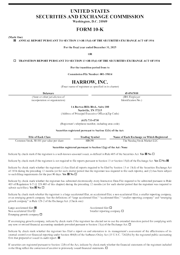 Harrow Health Inc 2025年度报告